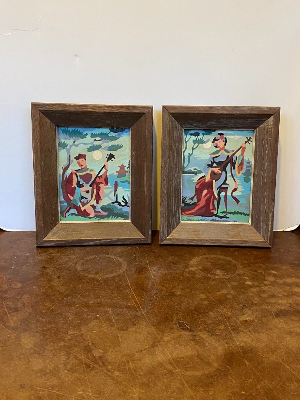 Pair Of Vintage Framed Paint By Number "Oriental Serenade" 1950s 8 X 6.75"